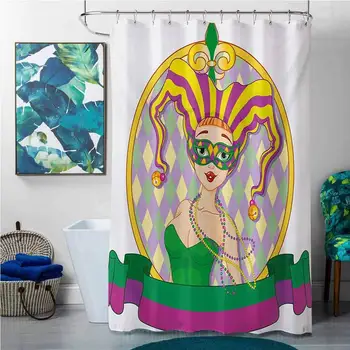 

Shower Curtains Green and Blue Mardi Gras,Harlequin Lady Cartoon Style Circular Frame Checkered Pattern Ribbons,Purple Yellow