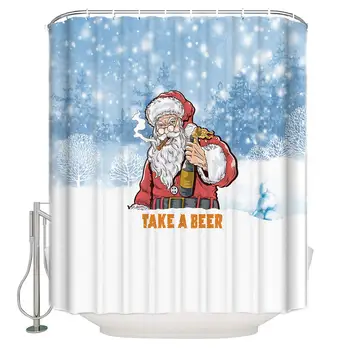 

Shower Curtains for Bathroom Merry Christmas Santa Claus Take a Beer Waterproof Fabric Bathroom DecorBathtub Curtains with Free
