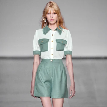 

Gedivoen Fashion Designer Summer Suit Women Turn Down Collar Tassel Blouses And Shorts Set Elegant Ladies 2 Two Pieces Sets