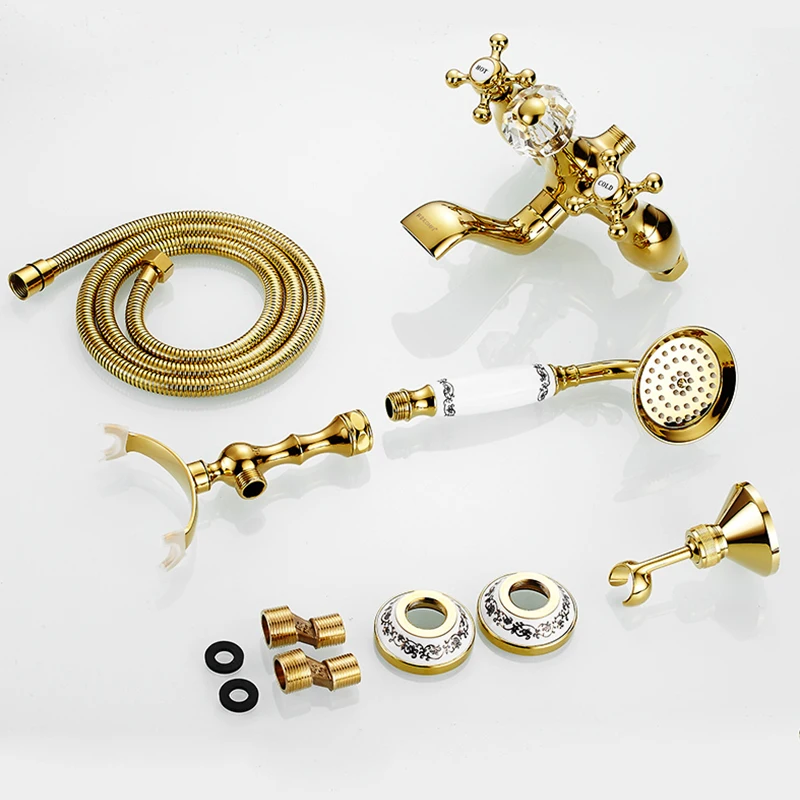 Luxury Crystal Handle Bathtub Gold Brass Faucet with Hand Shower Telephone Type Bath Faucets Sets Mixer Tap Wall Mounted EL8310G bathtub faucet