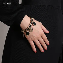 SHIXIN панковский толстый браслет-цепочка с кулоном в виде монеты, подвески в стиле хип-хоп, массивные браслеты, браслеты для женщин, модная ручная цепочка, ювелирное изделие