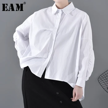 

[EAM] Women White Asymmetrical Big Size Blouse New Lapel Long Sleeve Loose Fit Shirt Fashion Tide Spring Autumn 2020 1N18900