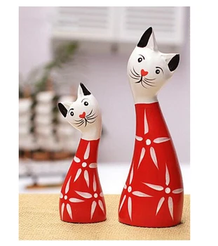 

Set of 2 Decorations Art Craft Rich Cat Wooden Animal Carving Cat Statue Kitty Sculpture
