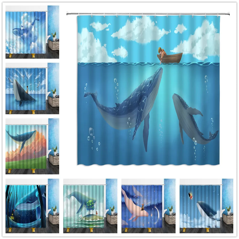 

Cartoons Landscape Shower Curtains Blue Ocean Animal Dolphin Whale Print Bathroom Home Decor Waterproof Polyester Cloth Curtain