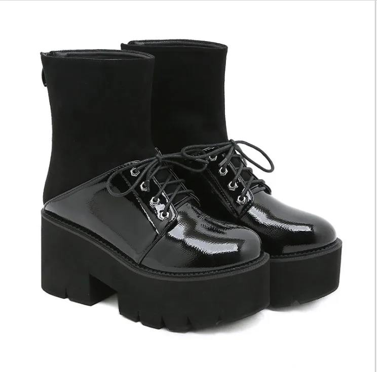 

Пикантные женские ножные сапоги с круглым носком на толстой подошве Удобные лакированные кожаные сапоги на платформе для женщин модные женские сохраняющие тепло сапоги
