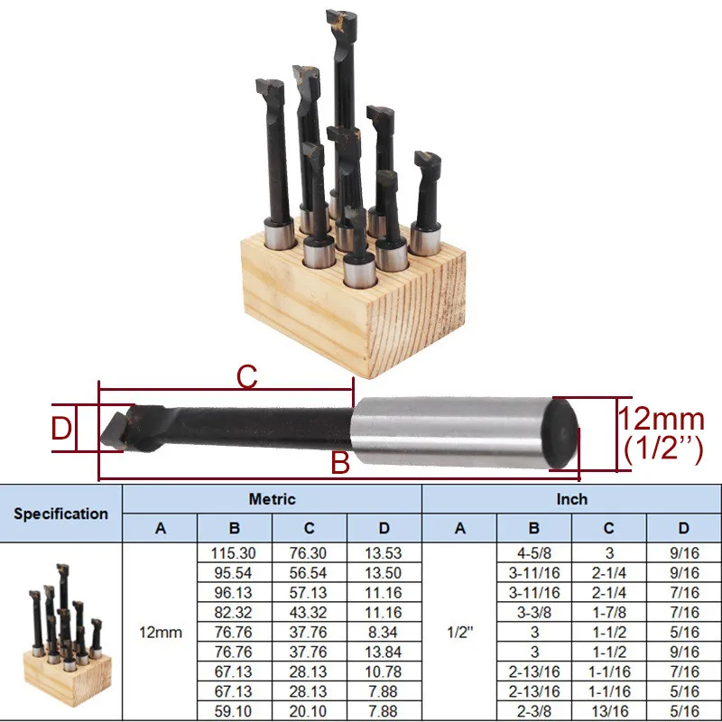 1/2'' 9pcs Hard Alloy Shank Boring Bar Boring Cutter Set Carbide Tipped Bars For 2 Inch 50mm Head