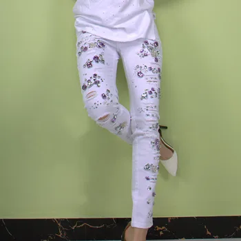 New Embroidered Flares Jeans Woman Fashionable White Hole Ripped Stretch Pencil Pants Diamond Casual Denim Trouser Female 1