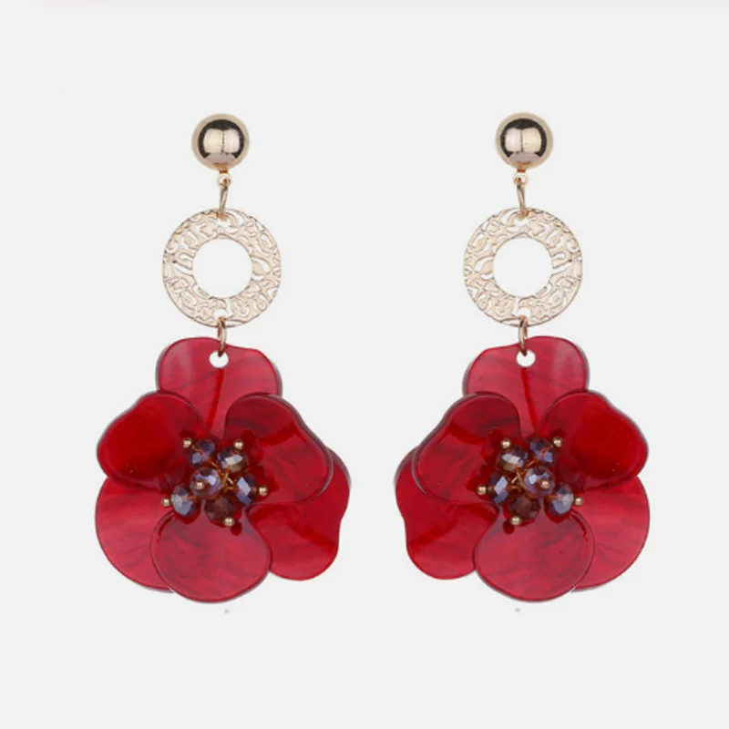 Ztech Red Resin/Crystal Drop Earrings For Women Handmade Fringed Tassel Dangle Statement Wedding Earrings Party Christmas Gift