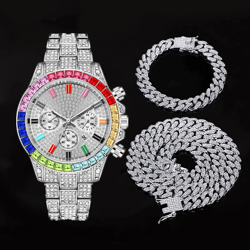 Miami Cuban Chain Big Gold Chain Colourful Iced Out Watch Necklace Bracelet Fashion Jewelry Set CZ Bling Hip Hop Mens Watch Set