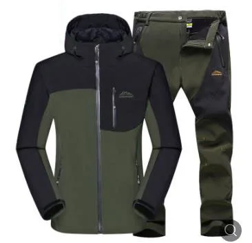 Green Green Suit Мужская осенне-зимняя уличная Флисовая теплая флисовая куртка с капюшоном водонепроницаемая Лыжная куртка треккинг Кемпинг горная куртка брюки - Цвет: Green Green Suit