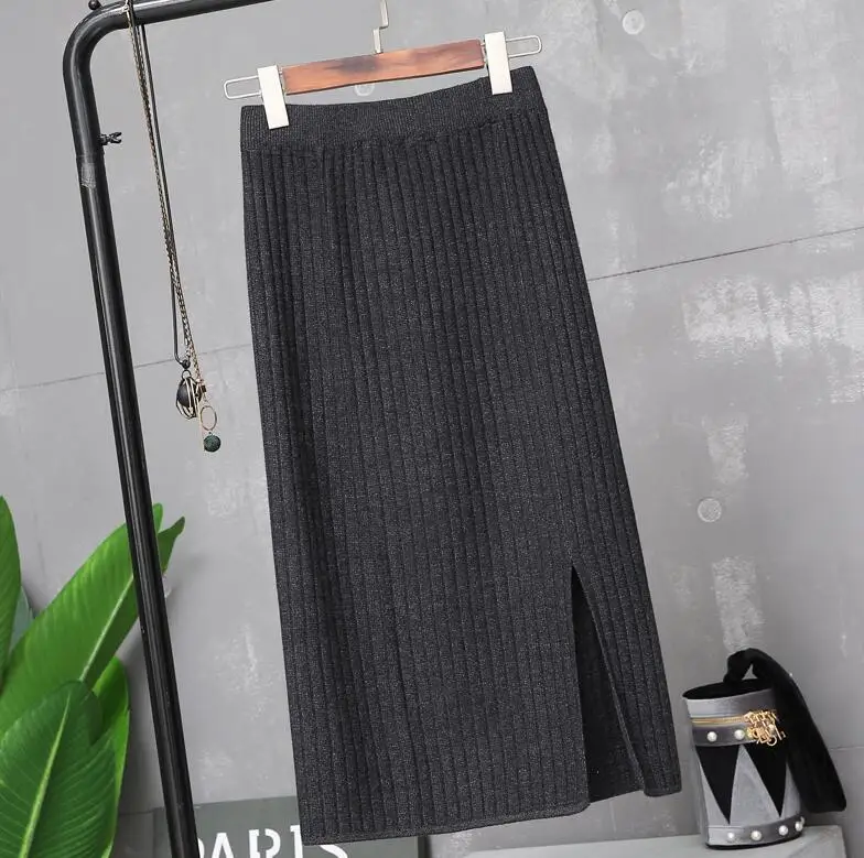 Dark gray 70CM Элегантная женская юбка-карандаш, весна-осень, повседневная, в рубчик, теплая, вязаная, длинная юбка, для офиса, высокая талия, юбки для женщин, s, плюс размер - Цвет: Dark gray 70CM
