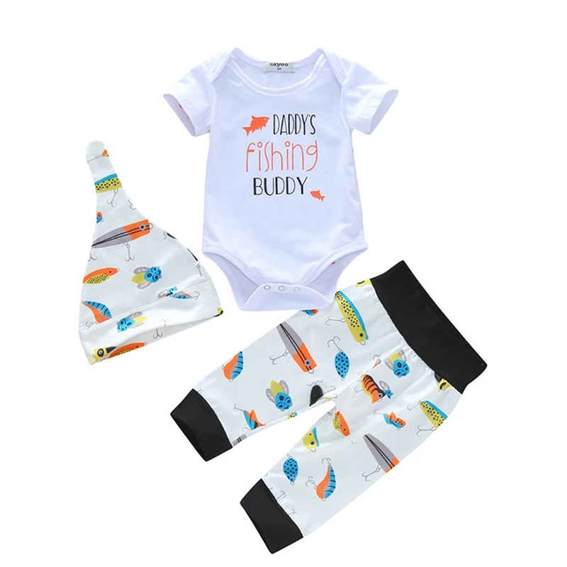 Одежда для новорожденных мальчиков с принтом «Daddy's Fishing Buddy»; боди; топы; длинные штаны; шапка; одежда для детей 0-24 месяцев; Милые комплекты из 3 предметов для маленьких девочек