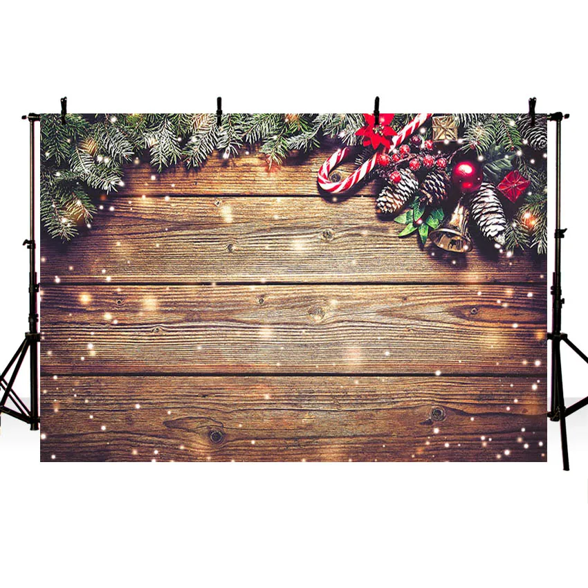 

Mehofond Christmas Backdrop Dark Brown Wood Board Glitter Snowflake Bells Baby Portrait Photography Background for Photo Studio