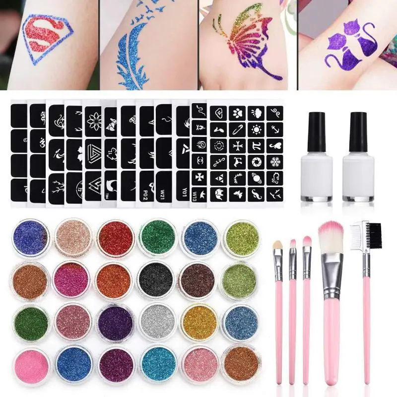 Professional Temporary Tattoos Kit 24 Color 125 Templates Diamond Glitter Flash Powder Kid Face Body Painting Art Tool Christmas | Красота и