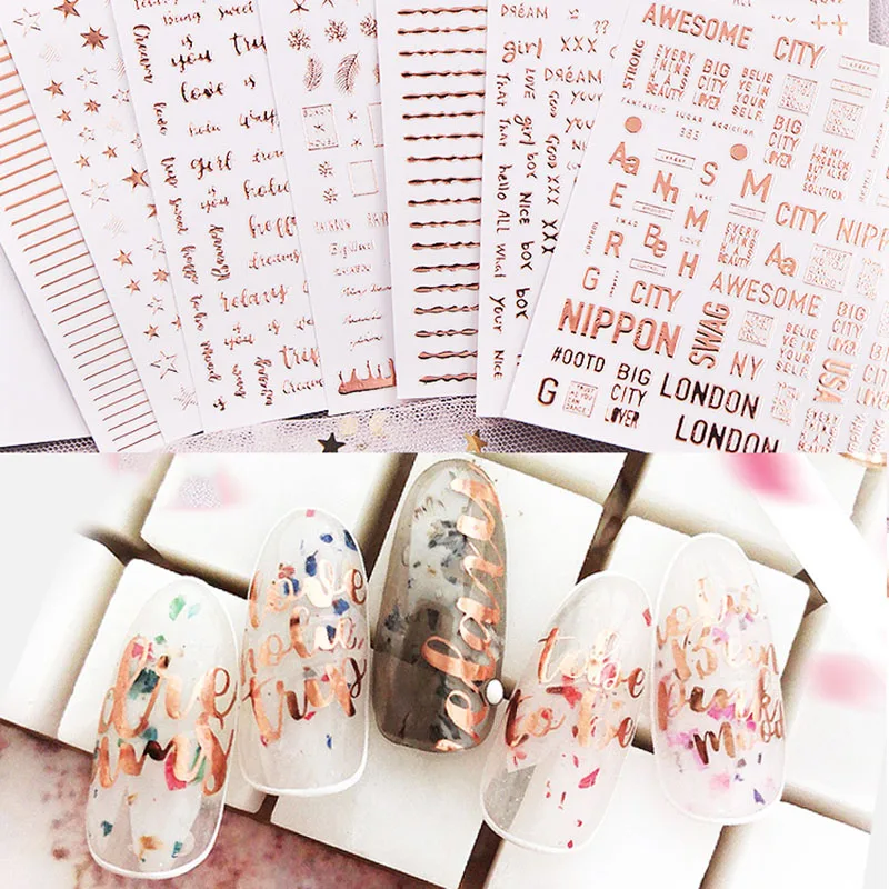 

1 Sheets Letter Word Design 3D Nail Art Sticker Rose Gold Star Adhesive Self Nail Art Stickers Decals