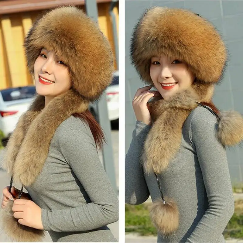 Winter Girls Dual Use Hat Scarf Real Fur Bomber Hat Rex Rabbit Fur Caps Earmuffs 