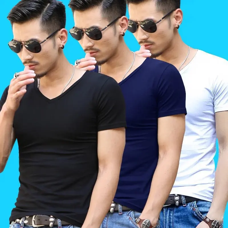 

2019 New Style Summer MEN'S Short Sleeve Shirt Quick-drying T-shirt Men's Solid Color Casual Slim Fit V Crew Neck Base Advertisi