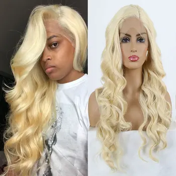 

Bombshell Body Wave Honey Blonde Synthetic 13*3 Lace Front Wig Glueless Natural Hairline Heat Resistant Side Parting Women Wigs