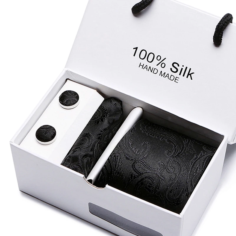 

Luxury 7.5CM 100% Silk Men Necktie Pocket Square Silk Tie Set Cufflinks Handkerchief Wedding Party Gift Box Packing Mens Ties