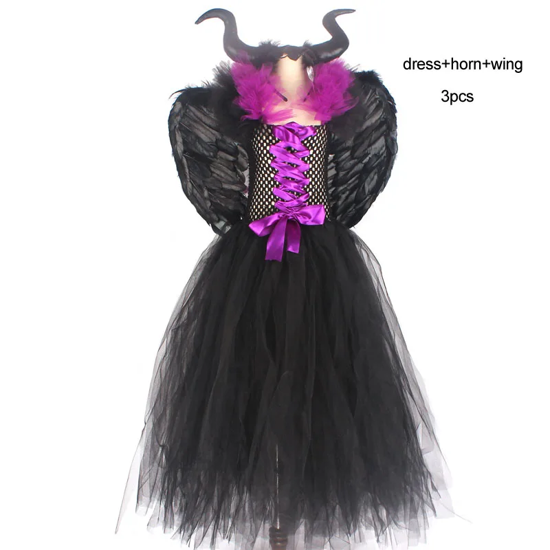 dress horn wing Maleficent/черное платье-пачка с роскошными рогами и крыльями; нарядное платье для девочек; Детский костюм ведьмы для косплея на Хэллоуин - Цвет: dress horn wing
