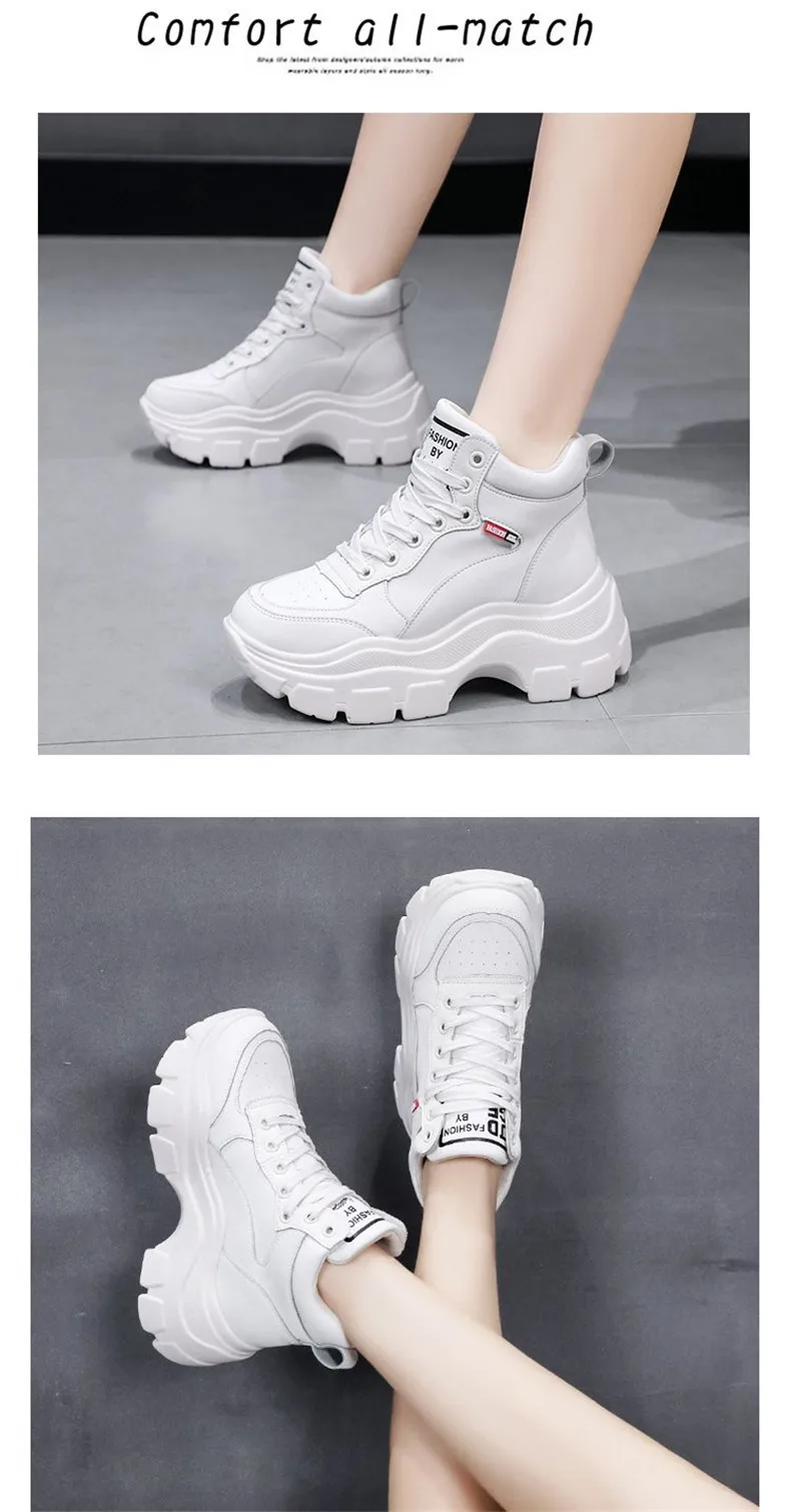 6CM Platform Sneakers Women Fashion High Top Leather Casual Shoes Lace Up Thick Bottom Ladies Shoes Leisure Women Sneaker XU193