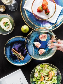 

NIMITME Nordic Ins Golden Inlay Hammer Glass Salad Soup Bowl Household Tableware Western Dish Steak Salad Plate Dinner Bowl