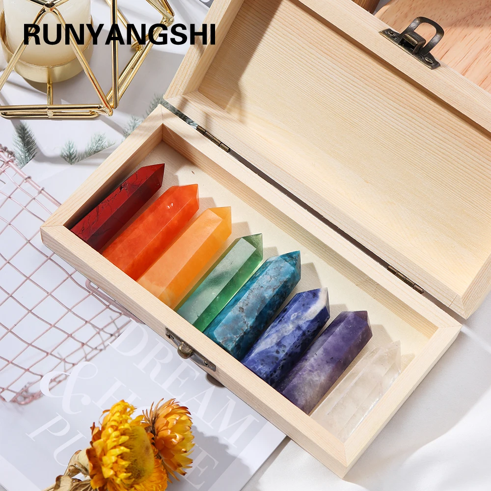 

Natural crystal Colorful crystal wand gem Chakra Therapy Stone Reiky Crystal column Wooden gift box gifts