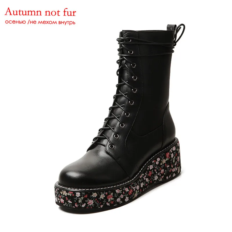 black not fur MORAZORA/Новинка года; модные ботинки на танкетке; женская обувь из натуральной кожи; женские сапоги панк до лодыжек на шнуровке с круглым носком и цветочным принтом - Цвет: black not fur