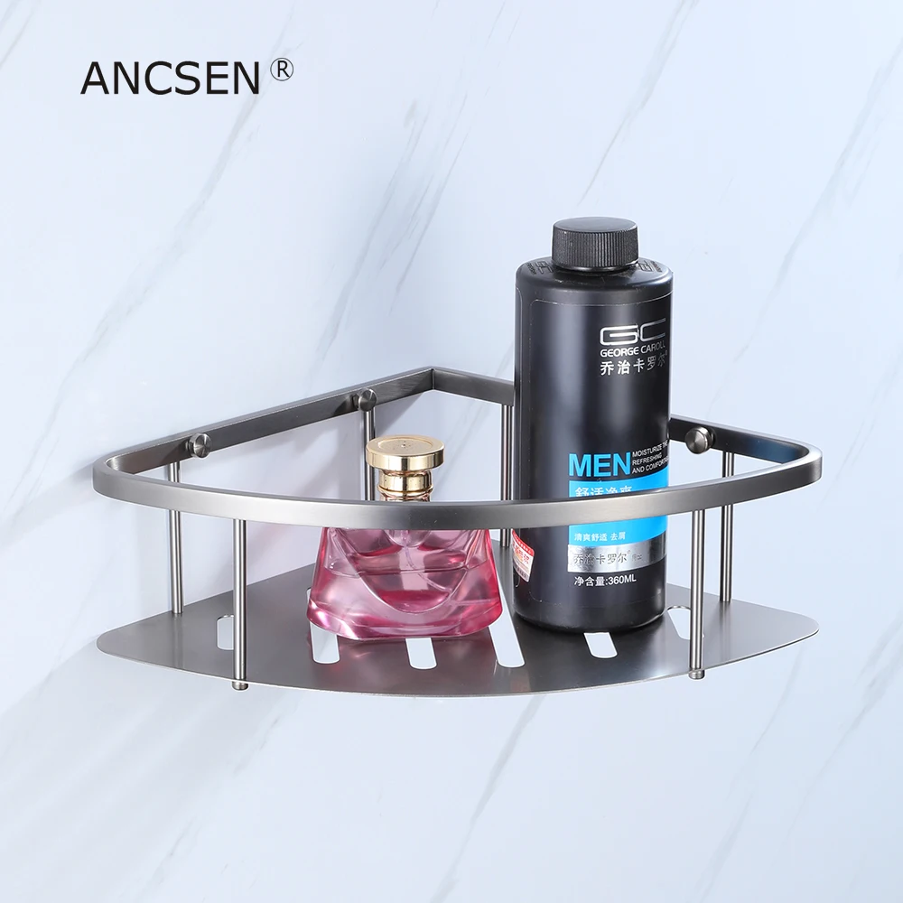 Темно серая треугольная корзина из нержавеющей стали одноуровневая полка для ванной комнаты угловые полки