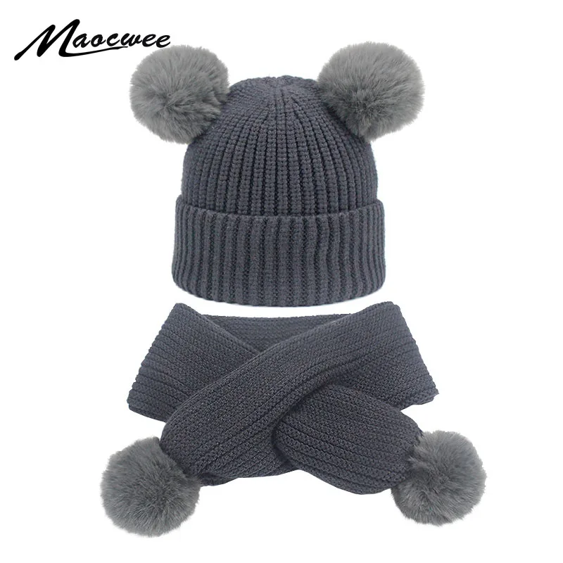 Шапки с помпоном для девочек и мальчиков Зимний вязаный теплый шарф плотные