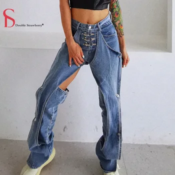 

Double Stawberry Summer New Style Retro Hollow Detachable Leg Jeans Fashion Casual High Waist Wide Leg Denim Pants Women Jeans