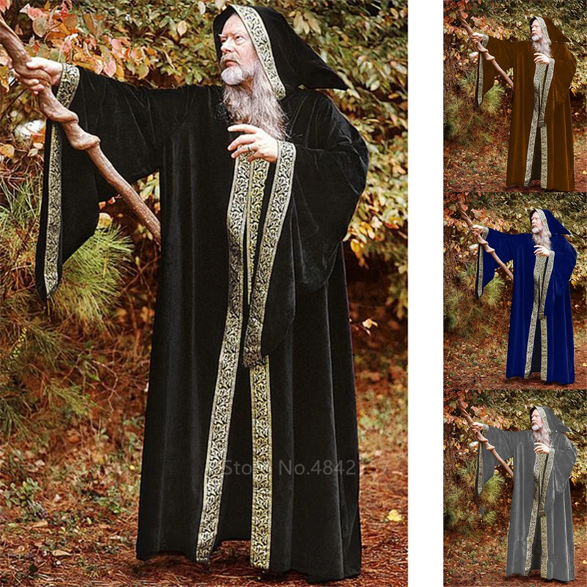 Billige Mittelalter Wizard Cosplay Kostüme für Erwachsene Männer Halloween Karneval Mönch Vintage Medieval Bühne Leistung Lange Roben