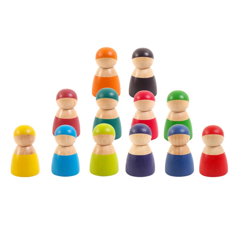 

Montessori Set Of 12 Rainbow Friends Peg Dolls Wooden Pretend Play Figures People Environmental Safety Paint Baby Wooden Toys