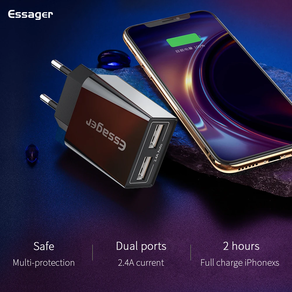 Essager Dual USB зарядное устройство 2.4A Быстрая зарядка дорожное настенное зарядное устройство для iPhone samsung S10 Xiaomi 9 EU адаптер зарядное устройство для мобильного телефона