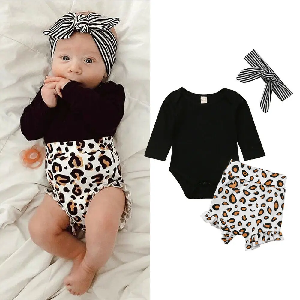 

Leopard Print Newborn Clothes 3PCS Autumn Winter Kids Baby Girls Long Sleeve Romper + Pants + Headband Outfit for 0-24 Months