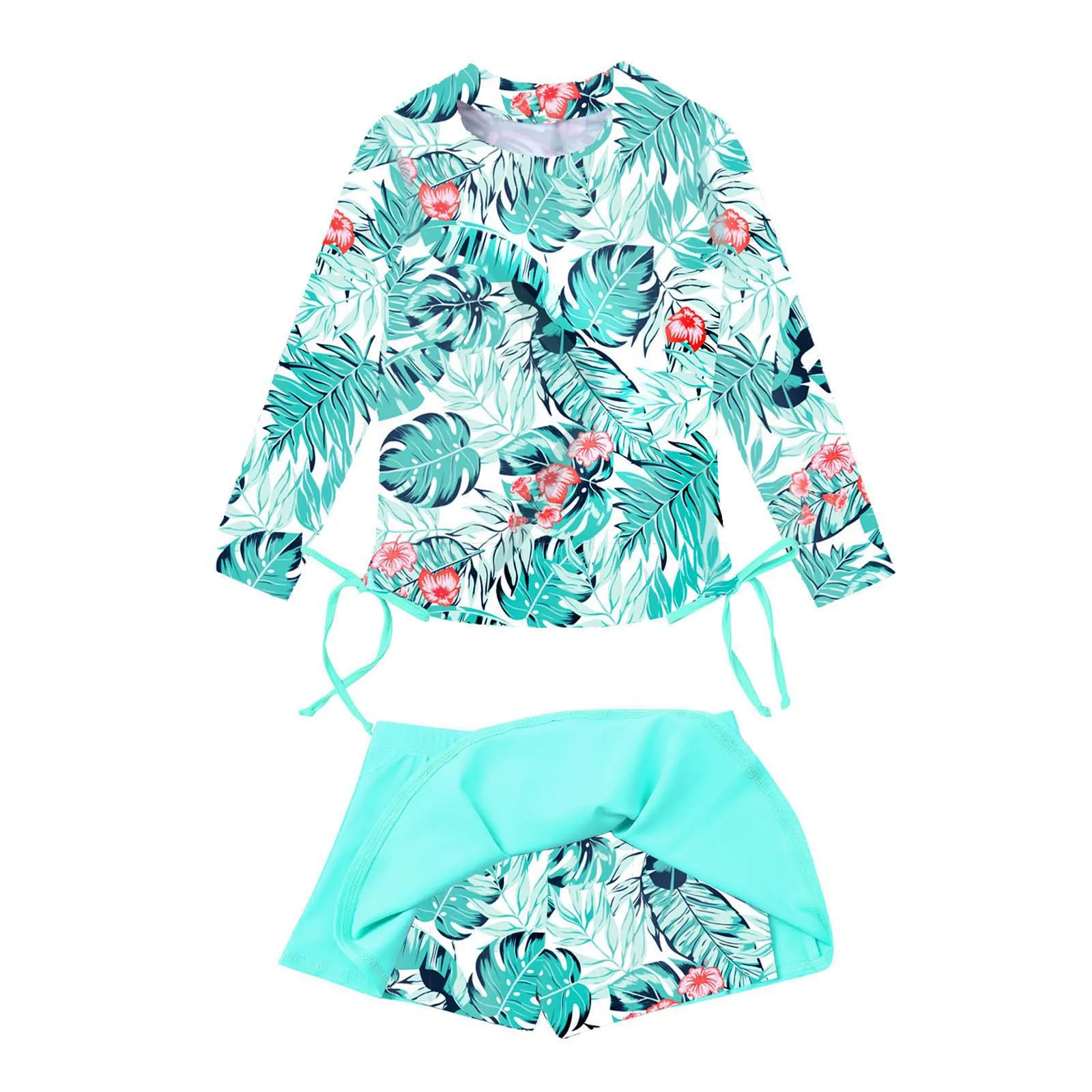 TiaoBug Summer Kid Girls 2Pcs Bikini Sets Swimming Bathing Suit Long Sleeve Flower Printed Tops With Skirt Style Shorts Swimwear