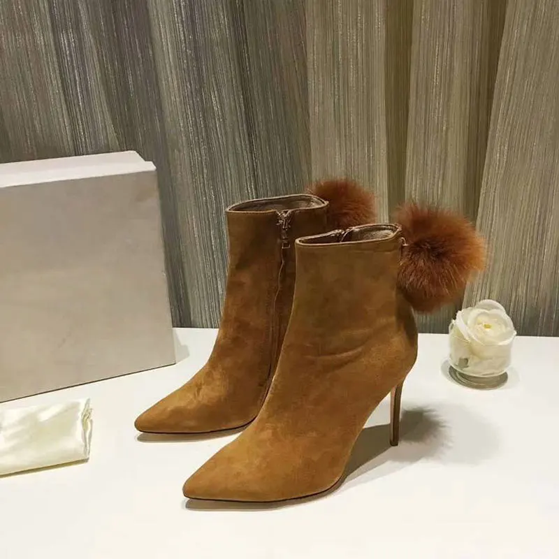 New Fashion Luxury Boots Women Designers Kid Suede Zip Pointed Toe Thin Heels Super High(8cm-up) Ankle Women Boots