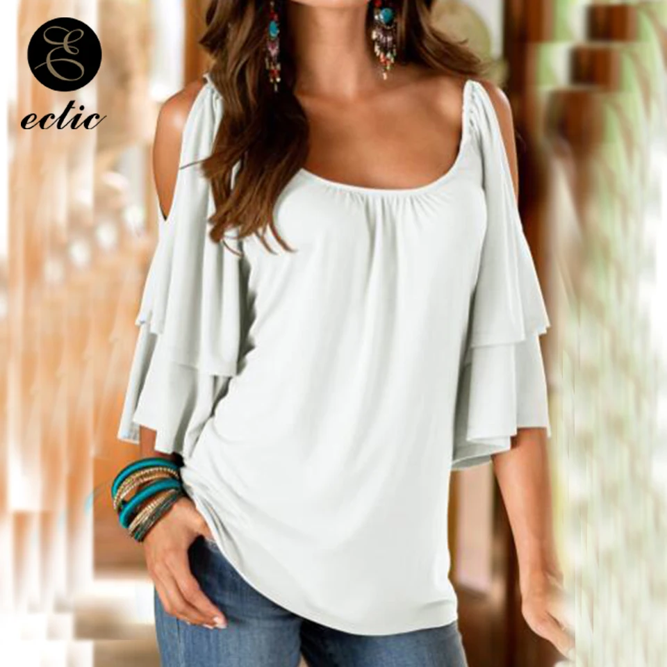 Ruffle Sleeve Top Double Layer Shirt Cold Shoulder Scoop Neck Pleated Milk Silk Slip Hipster T Women Solid Color Xxl|Футболки| |