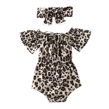 

0-24M Infant Baby Girls Boys Jumpsuits Leopard Ruffles Flare Sleeve Rompers Jumpsuits One-Pieces Headband Toddler Infant Outfits
