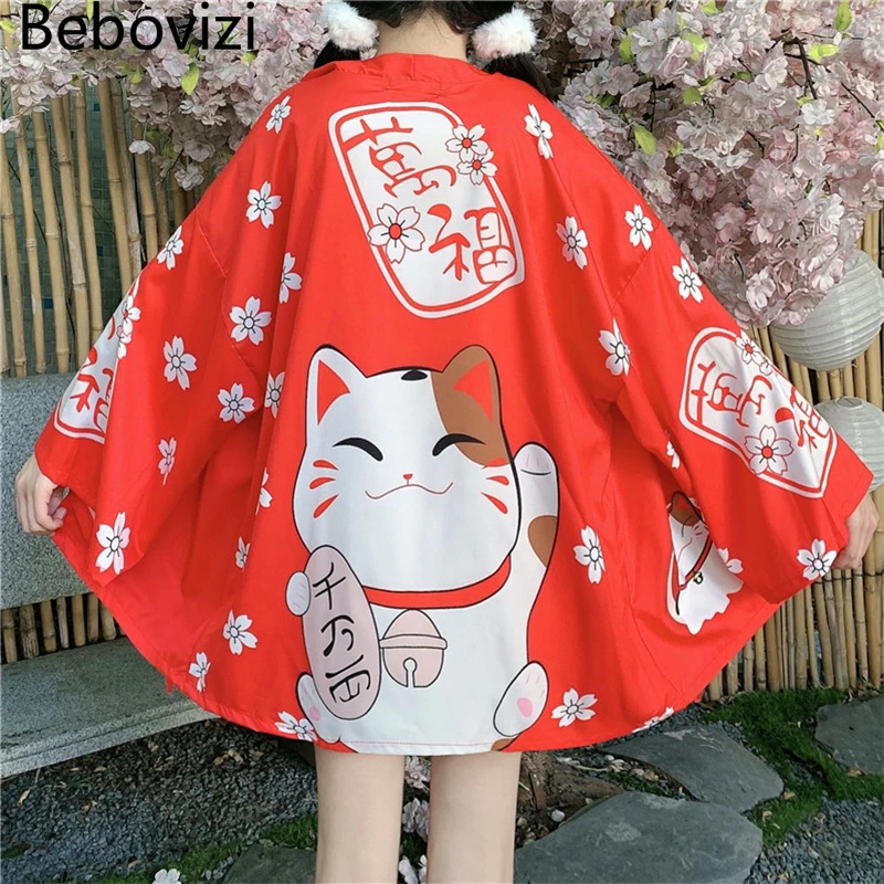 

Bebovizi Sexy Japanese Red Lucky Cat Kimono Summer Women Kawaii Traditional Korean Haori Hombre Yukata Cardigan Robe Top