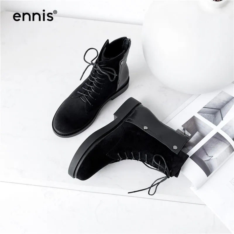 ENNIS/ботильоны на молнии сзади; женские ботинки на плоской подошве со шнуровкой; зимние ботинки из натуральной кожи; Осенняя женская обувь; модная черная обувь; A9323
