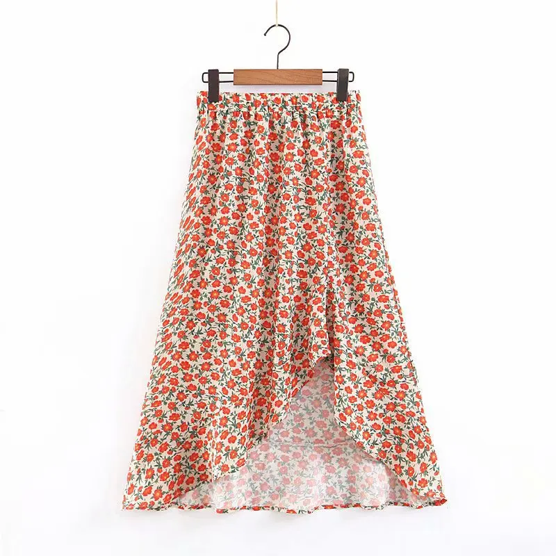 

2019 Summer WOMEN'S Dress New Products Flower Printed High-waisted Elastic Mid-length Irregular Hem Skirt Beach Skirt
