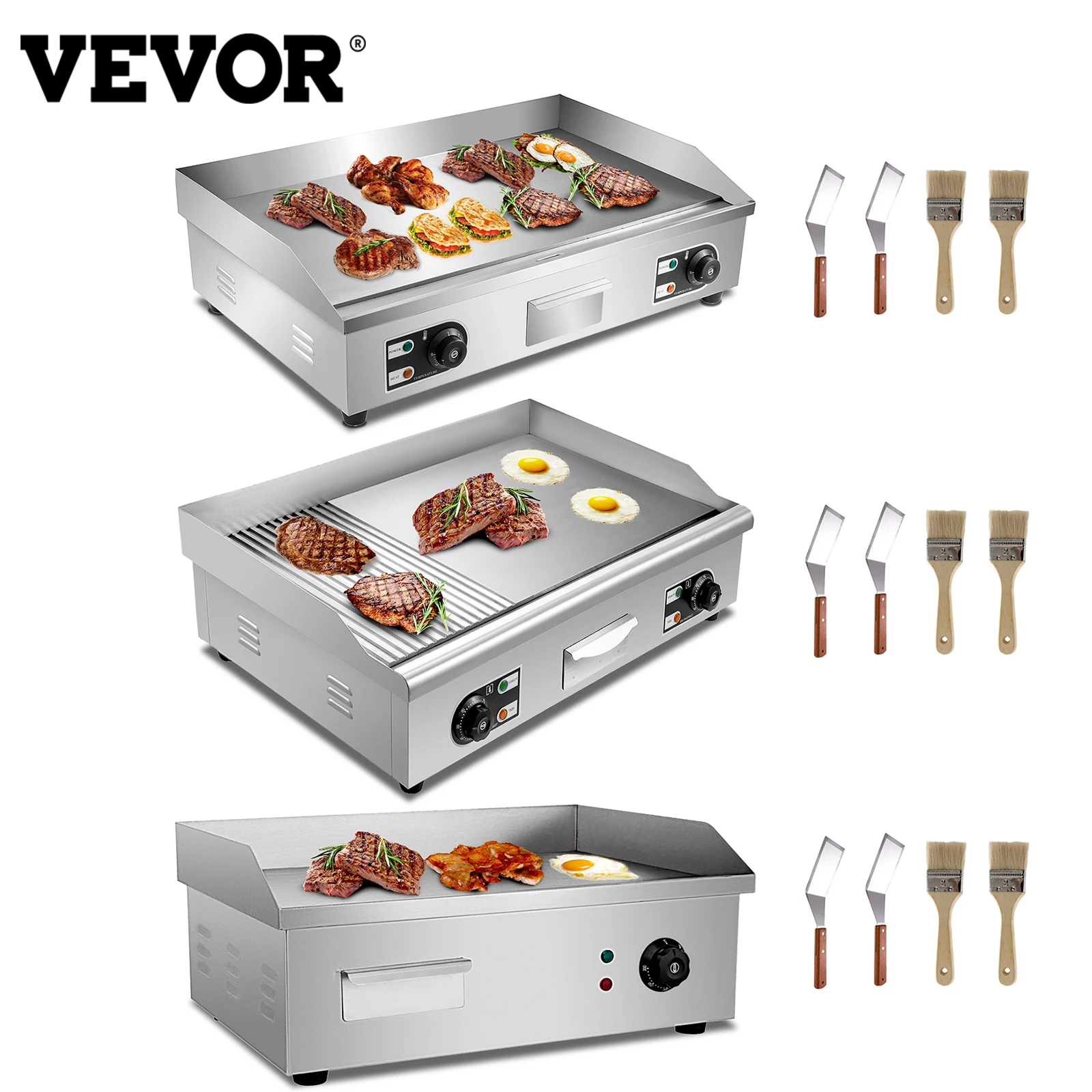 VEVOR Electric Countertop Griddle with Drawer & Cooling Holes Stainless Steel Flat Top Grill for