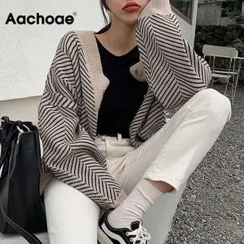 Image of Aachoae Knitted Striped Cardigan Sweater Women Fashion Patchwork Top Spring  Long Sleeve Casual Outwears V Neck Buttons Coat
