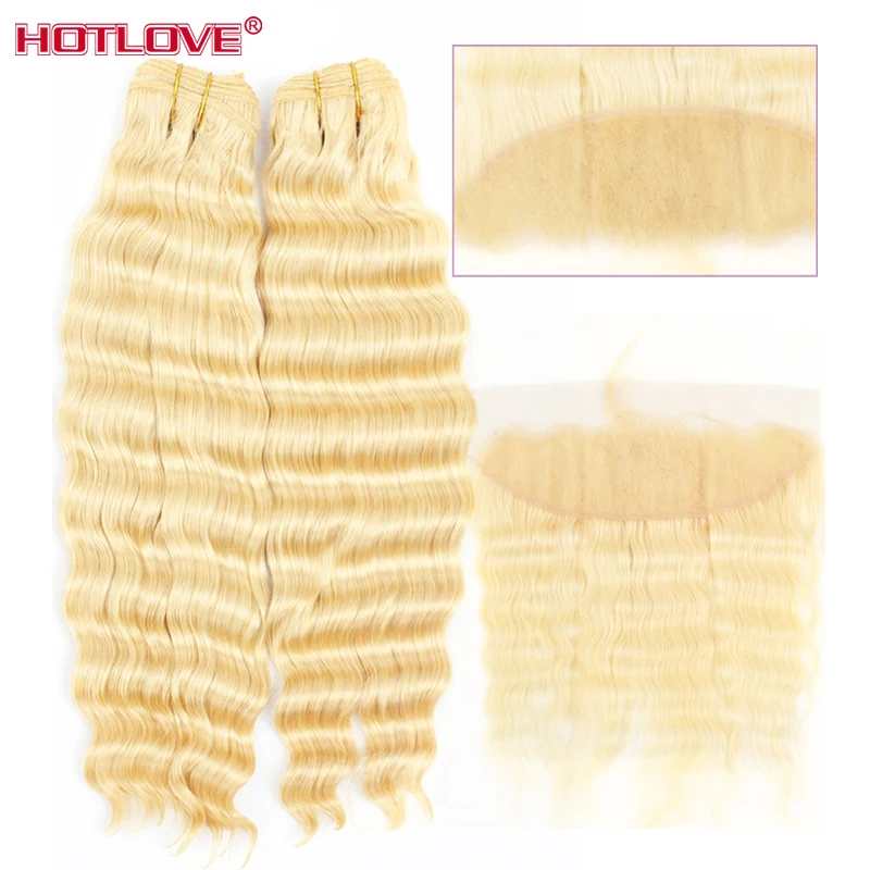 

Brazilian Honey 613 Blonde 2 Bundles with Frontal Closure with Baby Hair Hotlove Deep Wave Blonde Bundles With Frontal Remy Hair