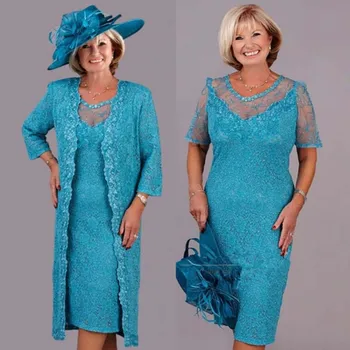 

Hot Sale Latest Turquoise Lace Knee Length Jewel Neck Mother of the Bride Dresses With Jacket Wedding Party Gowns Short