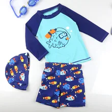 Купальный костюм с длинными рукавами для мальчиков, купальный костюм для маленьких мальчиков, детский купальный костюм с рисунком рыбы из мультфильма, 2 предмета, купальный костюм с шапочкой