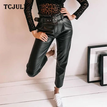 

TCJULY Fashion Straight Casual Pu Leather Pants With Waistband Streetwear Slim Stretch Women's Trousers Black Ankle Length Pants