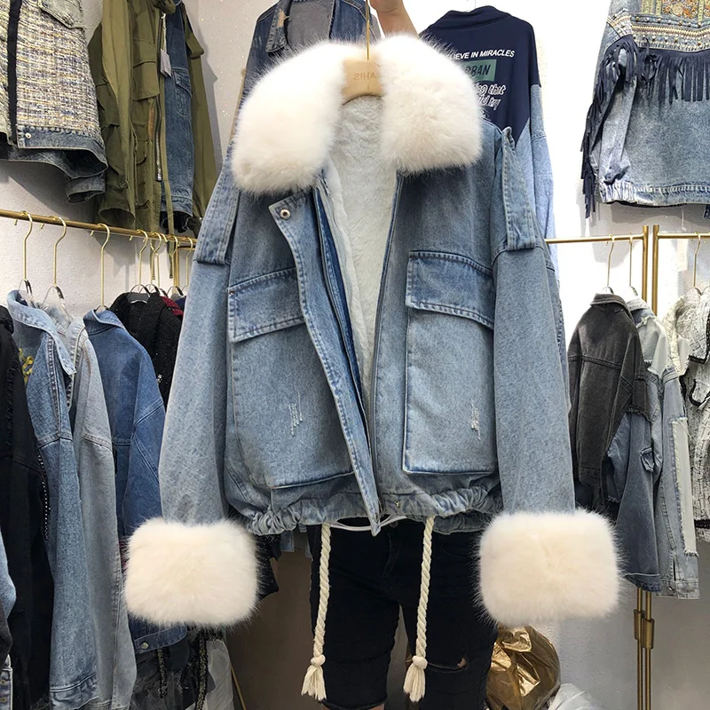 

Winter Warm Lamb Coat Big Pocket Denim Jacket For Women Thick Large Fur Loose Parka Plus Size Denim Parka For Winter