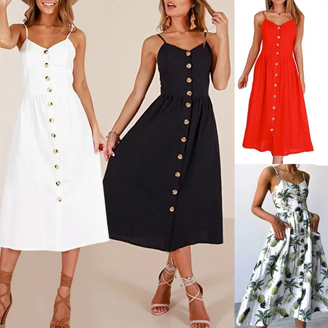 US $6.58 2019 New Women Print Floral Stripe Long dress Sexy V-Neck Sleevele Button Beach Casual Boho Midi Dr